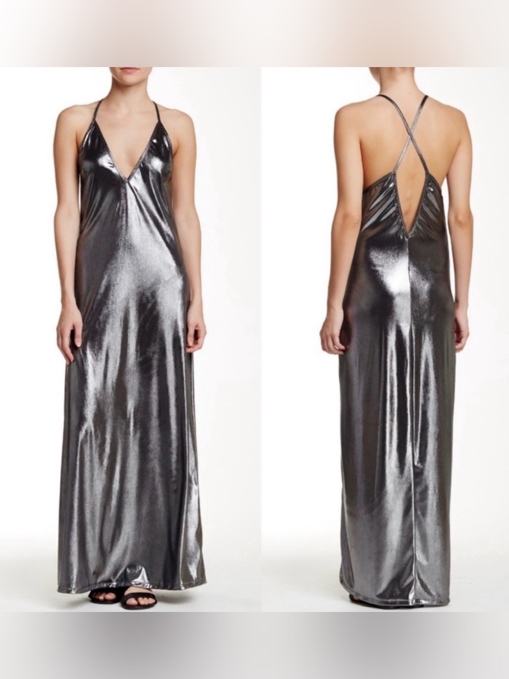 Metallic Silver Slip Maxi Dress with Spaghetti Straps
